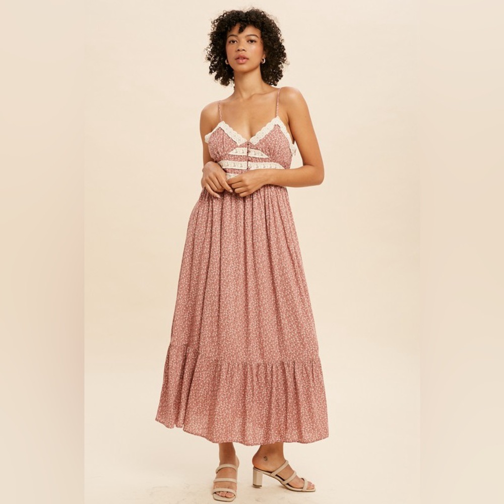 Mauve Floral Retro Bohemian Ditsy Floral Midi Cami Dress